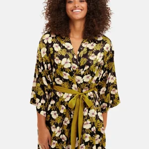 Kimono Trendy Mix Imprimé feuillage monstera noir