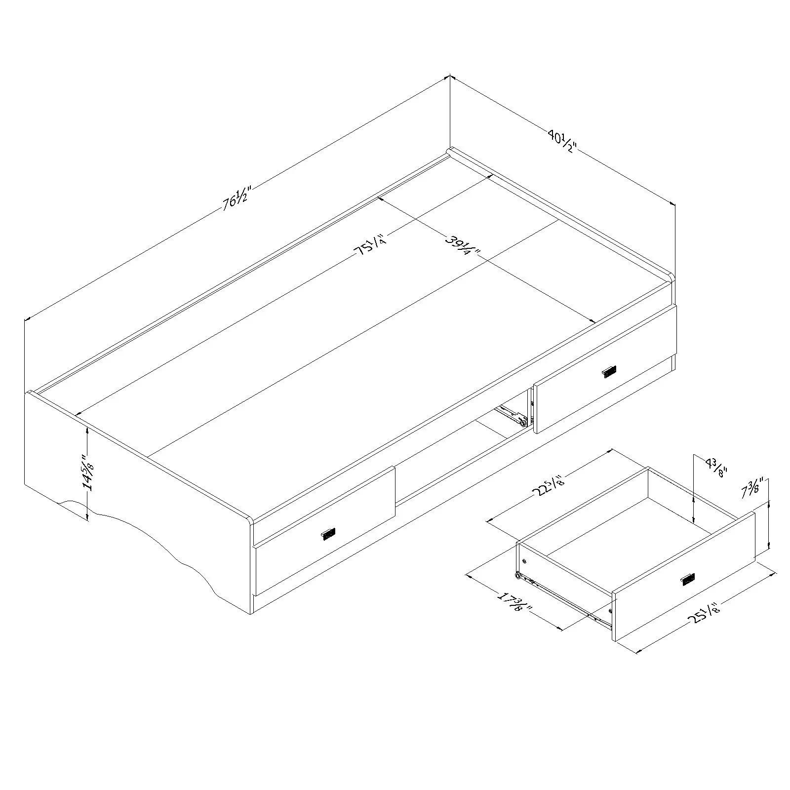Lit matelot 3 tiroirs simple 39" Tiara-Blanc solide – Image 3
