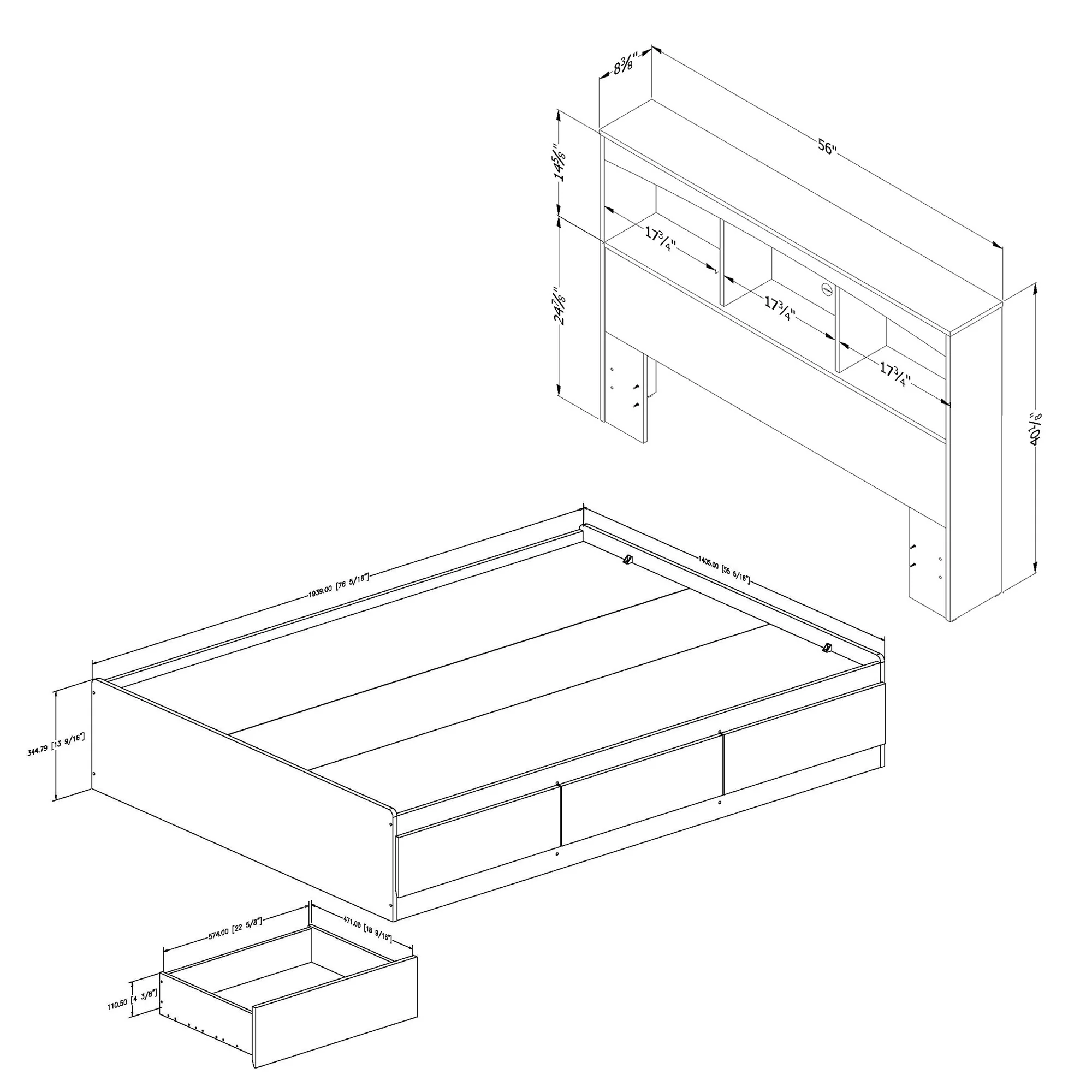 Ensemble lit matelot et tête de lit bibliothèque double 54" Step One - Blanc solide – Image 4